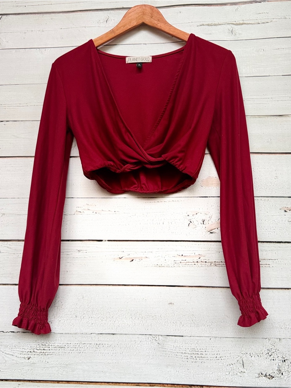 Planet Gold Surplice Twist Front Long Sleeve Smocked Cuff Crop Top - Small - Picture 2 of 6
